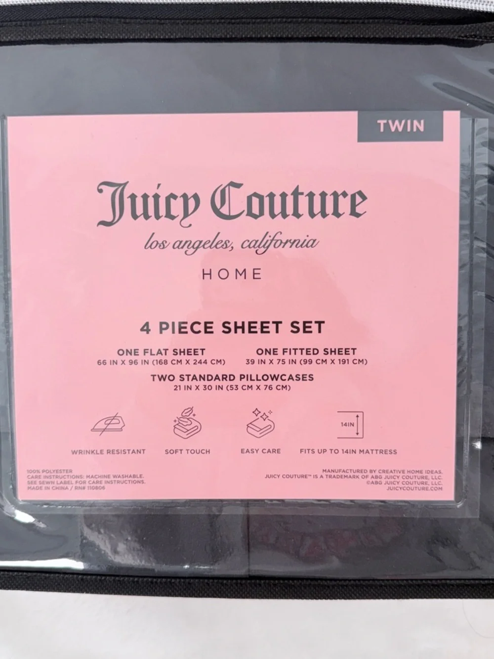 Juicy Couture Home Twin 4 Piece Black Sheet Set New Sealed Bedding